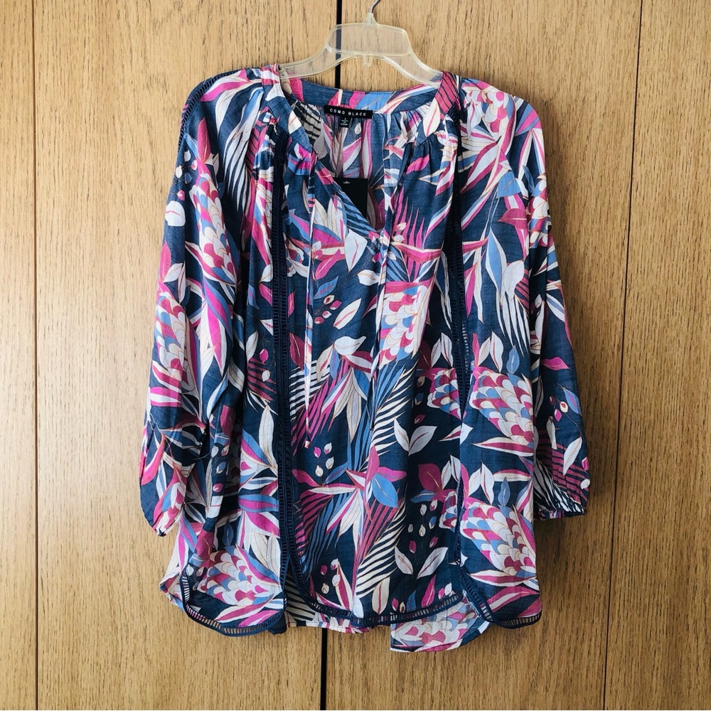 Tropical Floral Print Blouse Long Sleeves size Large
